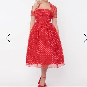 Unique Vintage Red & White Swiss Dot Swing Dress m/6-8